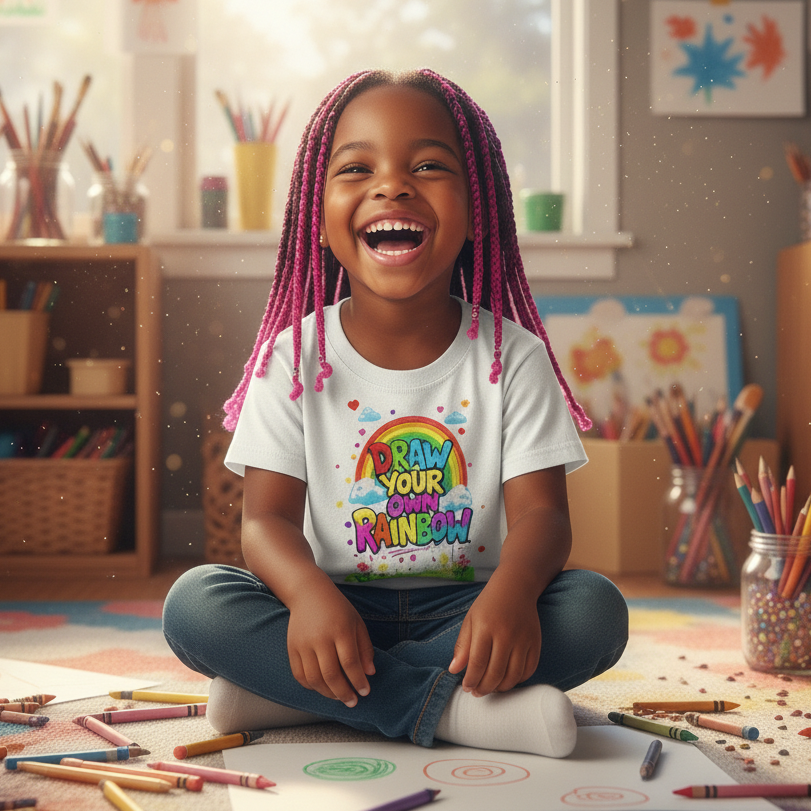 Portrait of girl wearing the actual Draw Your Own Rainbow tee in happy classroom