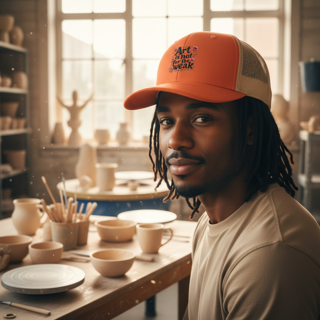 Portrait of man wearing Art is Not for the Weak trucker cap in ceramic studio