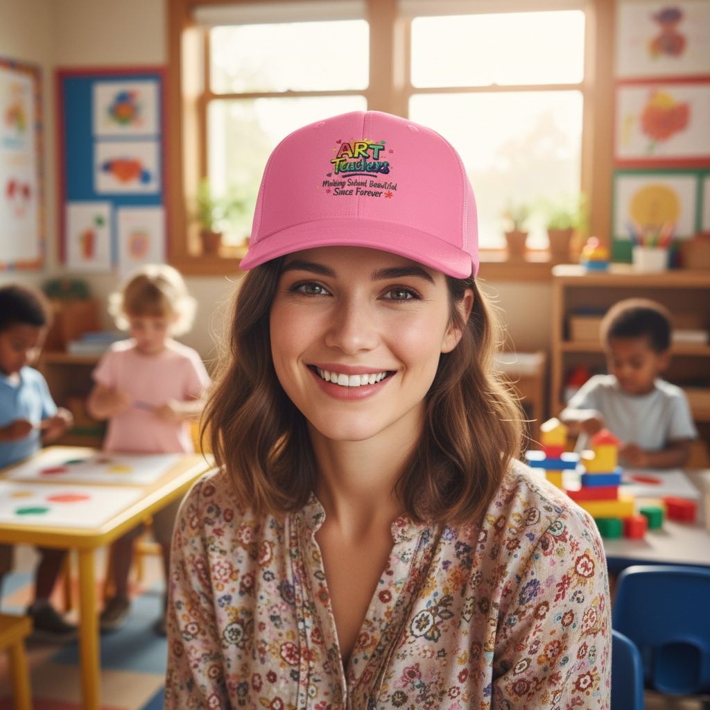 Preschool teacher wearing Pink trucker hat