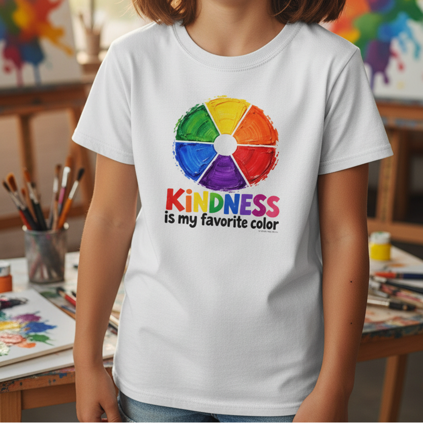 Preteen girl wearing the Kindness color-wheel tee in an art studio