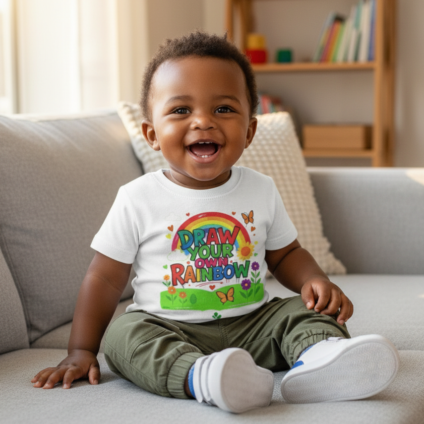 Realistic 18-month-old Black baby boy with short hair wearing Draw Your Own Rainbow t-shirt on couch