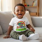 Realistic 18-month-old Black baby boy with short hair wearing Draw Your Own Rainbow t-shirt on couch