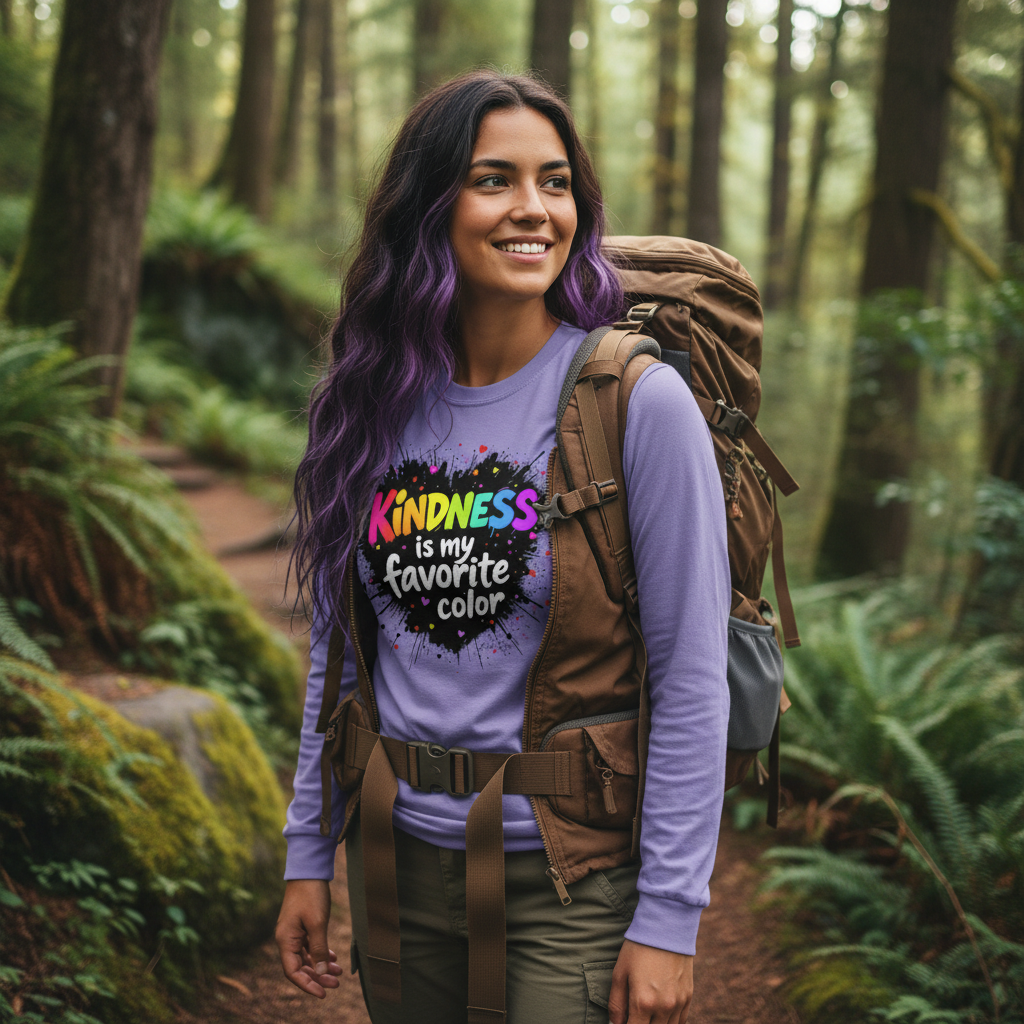 Realistic 25-year-old female art teacher hiker with violet hair streaks wearing Kindness is my Favorite Color violet long sleeve tee