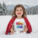 Realistic baby girl with red cape wearing Warm & Cool white t-shirt in sparkly snow