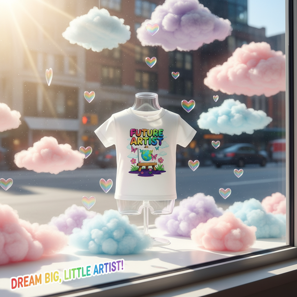 Retail window display with Future Artist t-shirt and rainbow hearts