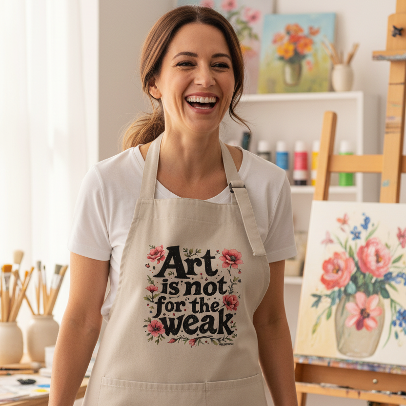 Smiling artist wearing the beige Art Is Not for the Weak apron