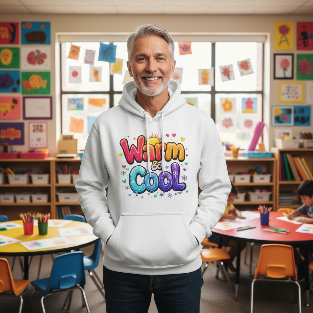 Smiling male art teacher wearing warm and cool art box hoodie in elementary classroom