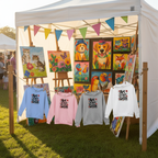Sunny outdoor art booth with youth artist hoodies