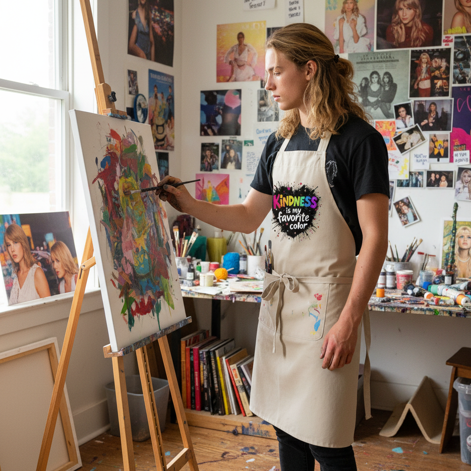 Teen artist in rope apron in studio with pop star posters