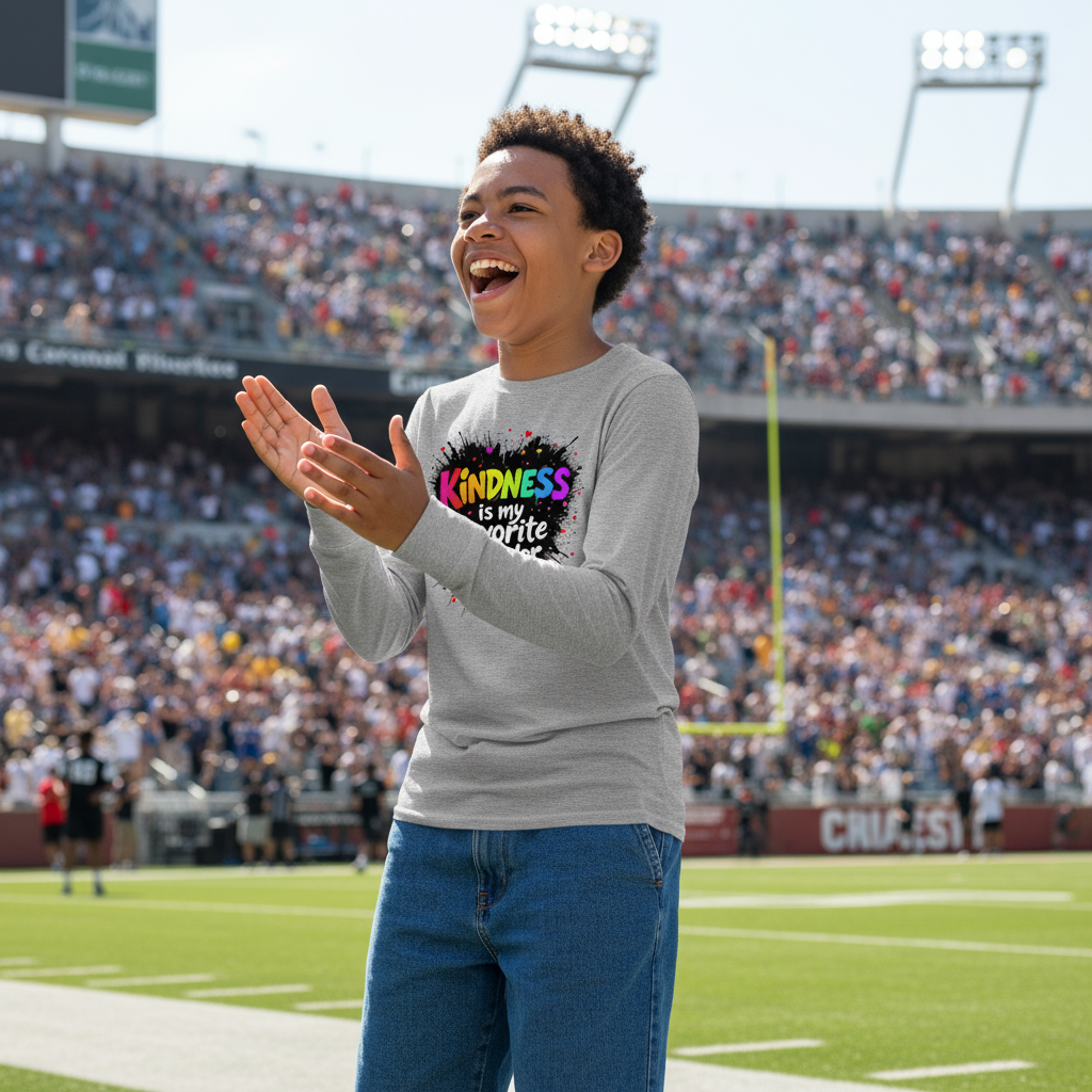 Teen boy wearing Kindness is my Favorite Color t-shirt at a game