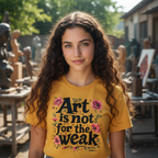 Teen girl in Art is Not for the Weak mustard tee at sculpture studio