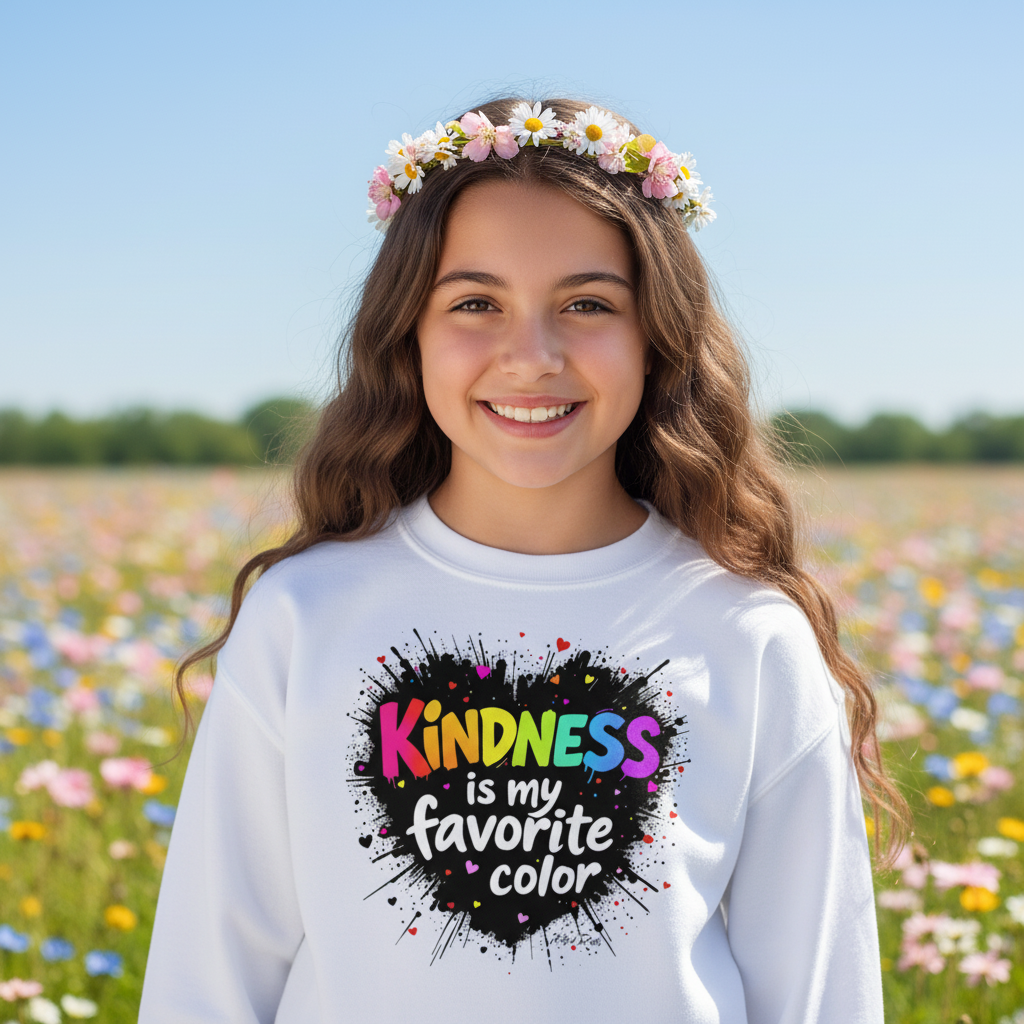 Teen girl wearing Kindness is my Favorite Color sweatshirt