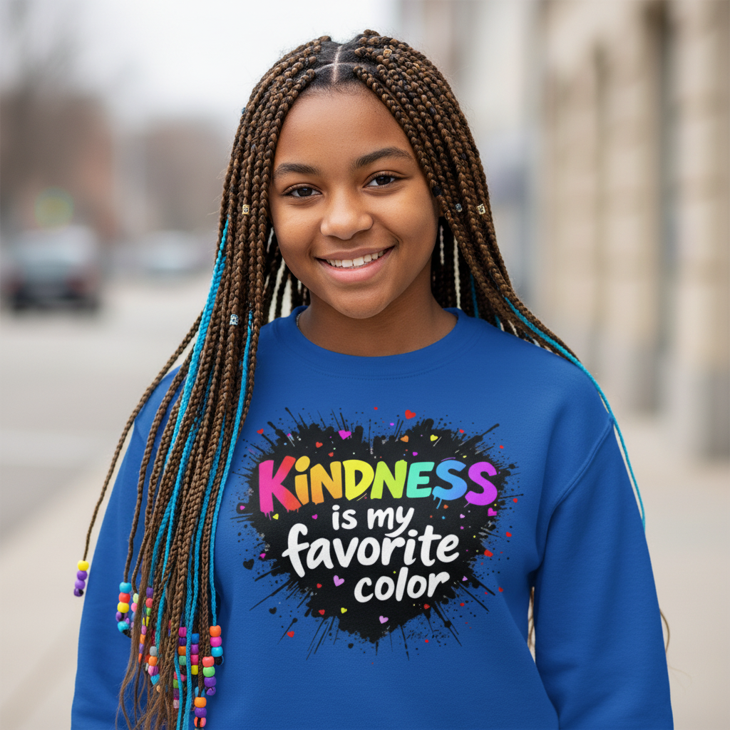 Teen girl with braids wearing blue Kindness sweatshirt