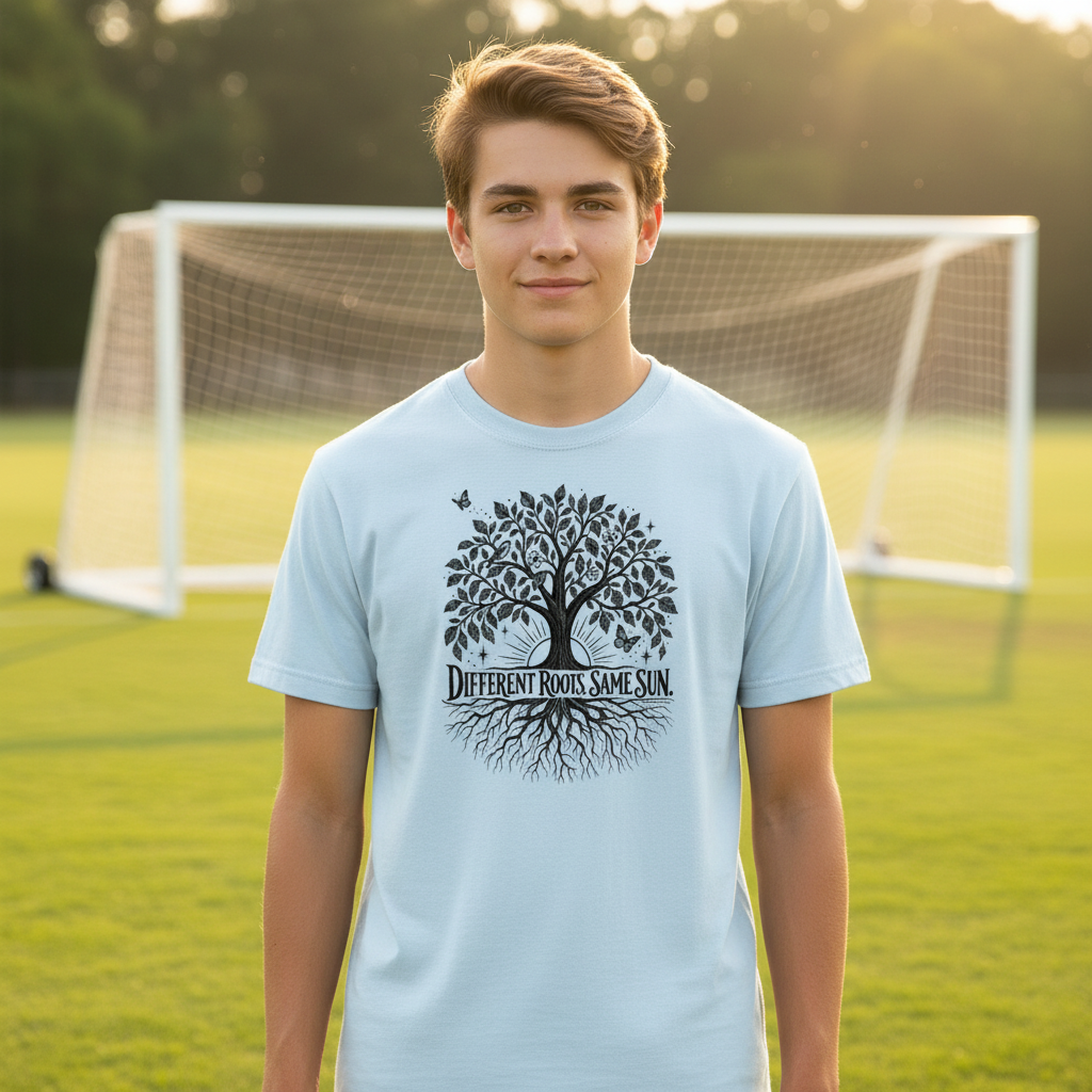 Teen male wearing the light-blue Different Roots, Same Sun tee on a sunny soccer field