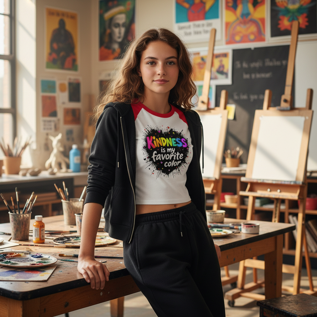 Teen wearing cropped Kindness baby tee in art class