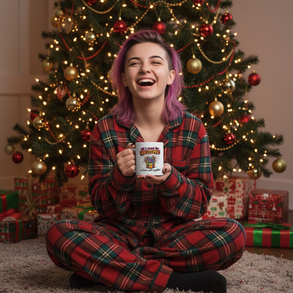 Teenage punk girl laughing with 11 oz mug by Christmas tree