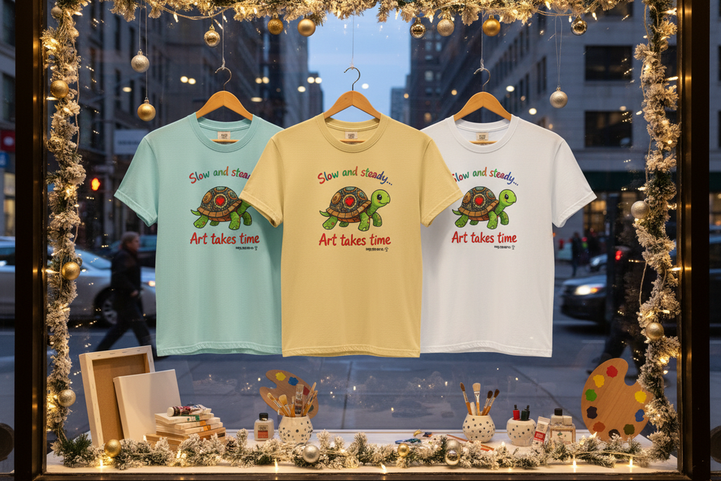 Three turtle tee variants in upscale boutique window display