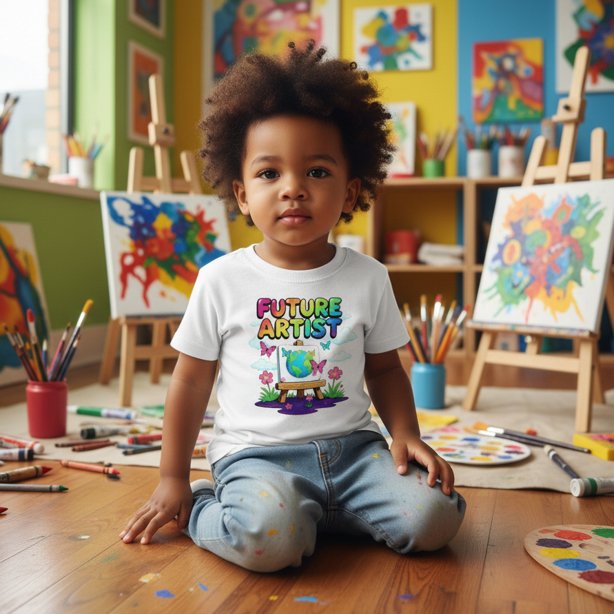 Toddler boy with black hair wearing Future Artist t-shirt in art studio