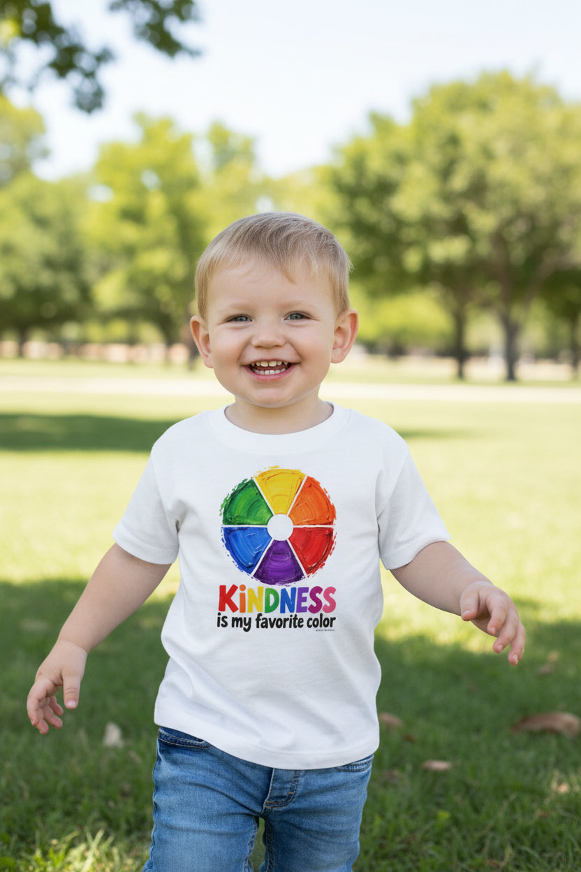 A toddler wearing a white short-sleeve t-shirt with a colorful watercolor wheel graphic and the text 'KINDNESS is my favorite color' printed on the front, paired with blue jeans, against a plain white background.