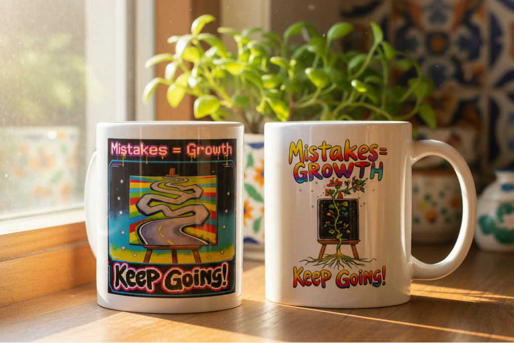Two Mistakes = Growth mugs on sunny windowsill