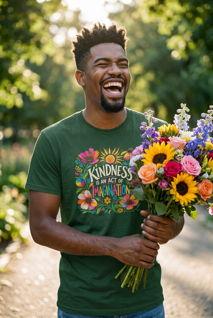 A man outdoors holding a large bouquet of colorful flowers, wearing a dark green graphic T-shirt with the text 'KINDNESS IS AN ACT OF IMAGINATION' surrounded by leaves and sunshine.