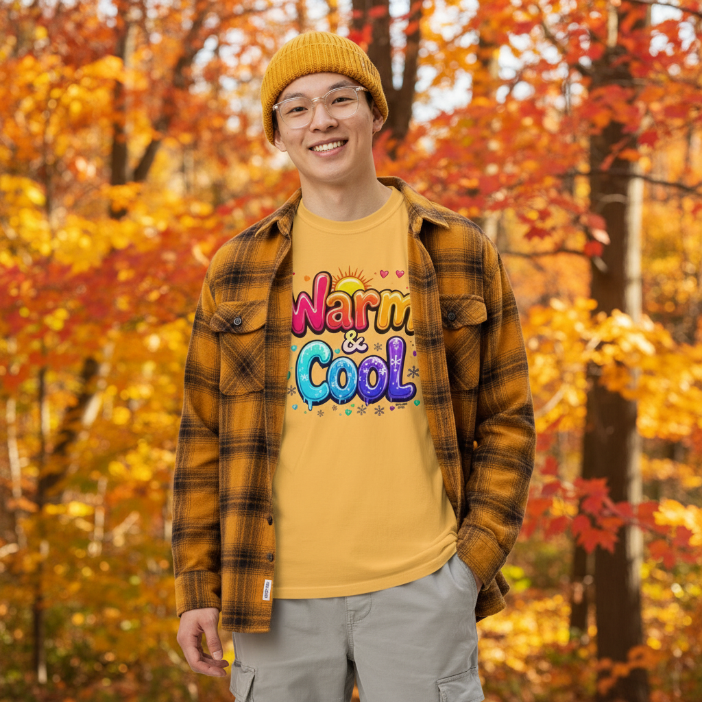 A happy art teacher wears a Warm and Cool fun tshirt in a fall outdoor scene with foliage