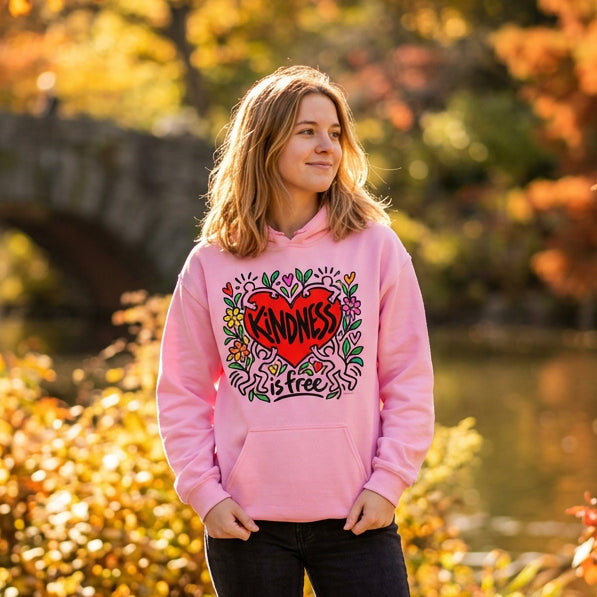 A pink pullover hoodie featuring a colorful graphic on the chest with a red heart, cartoon figures, flowers, and the text 'KINDNESS is free'.