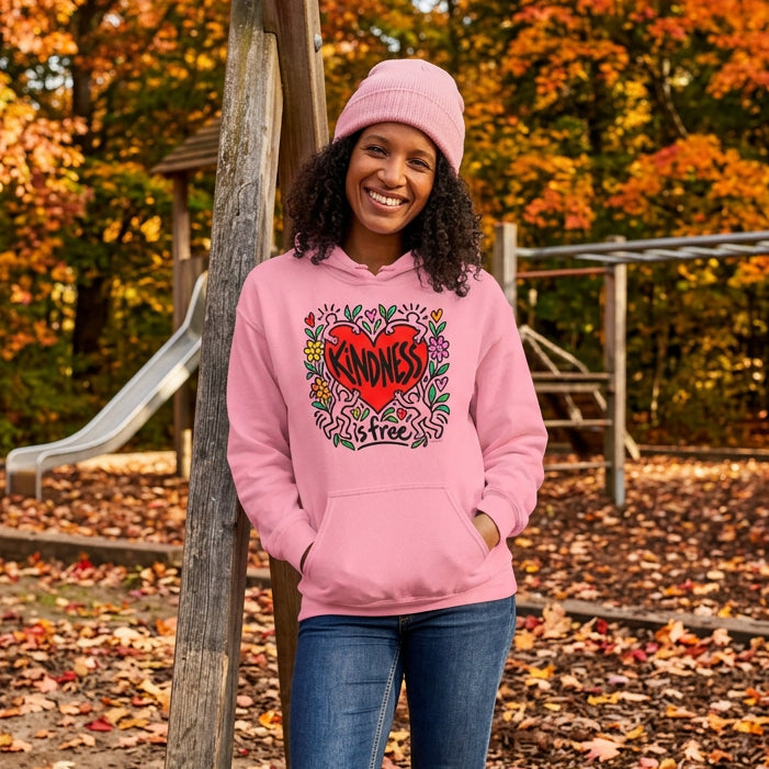 A smiling woman with curly dark hair wears a pink pullover hoodie featuring a colorful heart graphic with the words 'Kindness is Free' in black script. She is posing with her hands in the front pockets of the hoodie against a solid white background.