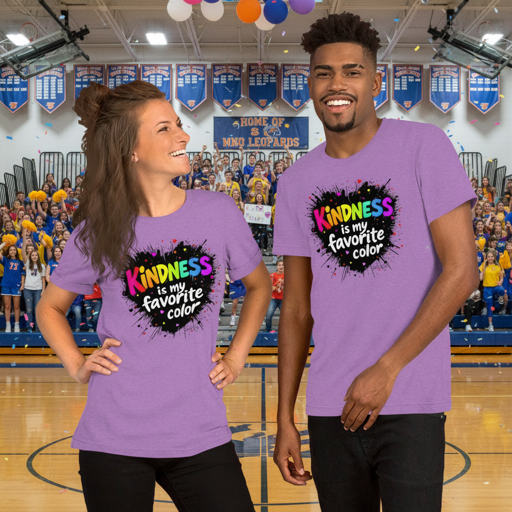 Two educators at a pep rally wearing matching purple tshirts that say "Kindness is my favorite color"