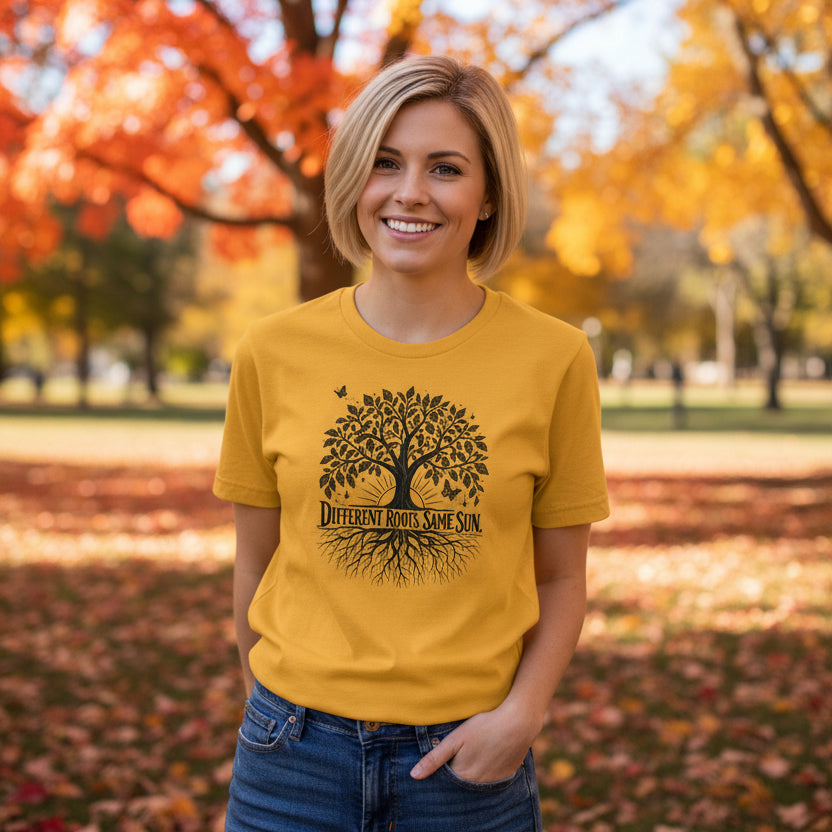 A yellow short-sleeve t-shirt with a black tree graphic and the words 'Different Roots, Same Sun' on the chest, styled on a petite blonde female in a park in fall.