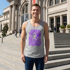 A man wearing a heather gray tank top with a purple graphic of Frida Kahlo and the text 'Oh Frida I Give Me Courage', paired with dark blue jeans against an art museum background on a sunny day