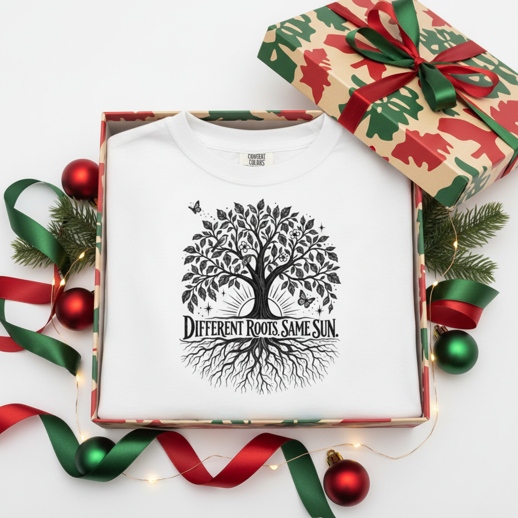 White Different Roots, Same Sun shirt in a modern Christmas gift box