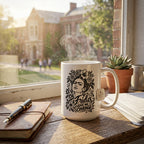 A white ceramic mug with a black graphic of Frida Kahlo and the text 'Oh Frida GIVE ME COURAGE', styled on a window overlooking a college campus with hot steam rising 