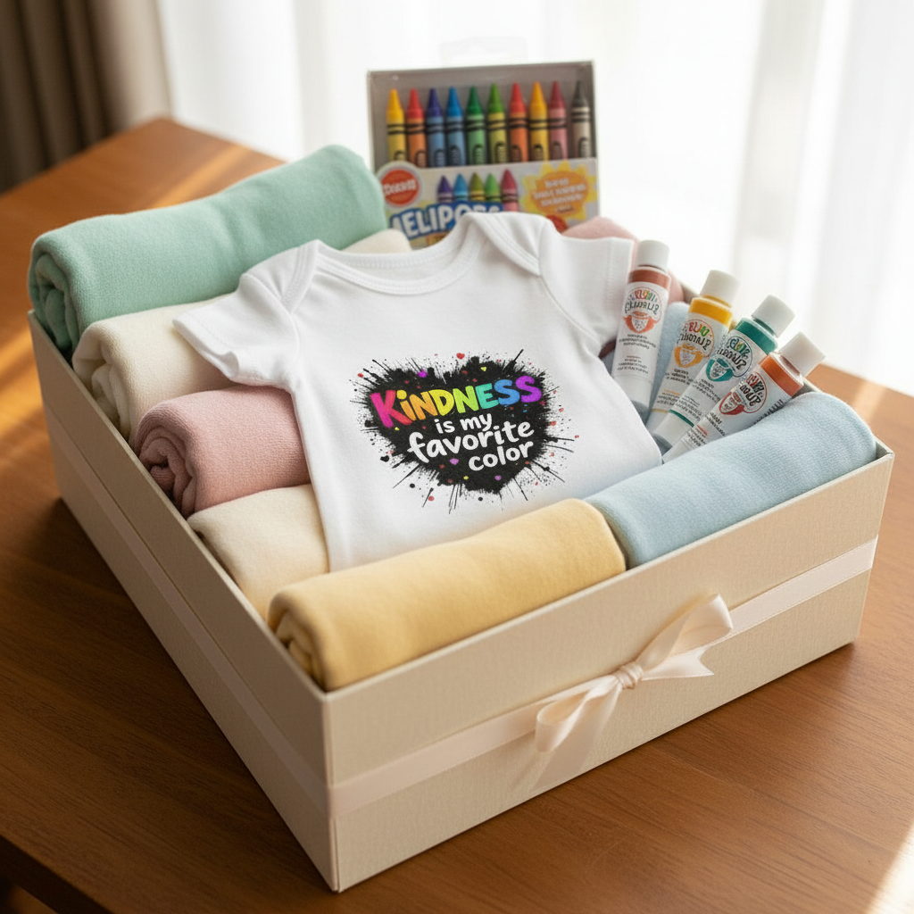 White onesie in baby gift box