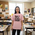 White woman art teacher wearing Blossom heavyweight tee with design visible