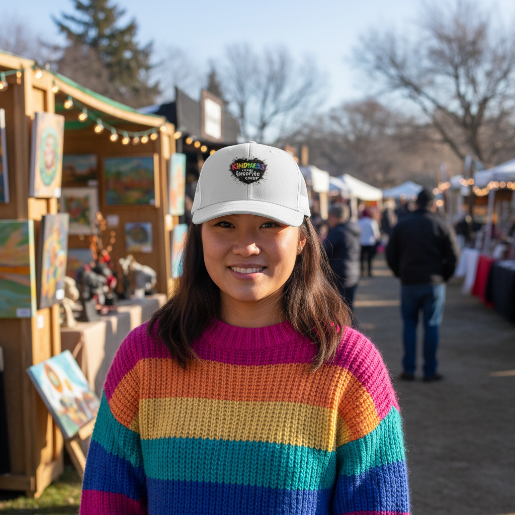 Woman at winter art show wearing White trucker hat