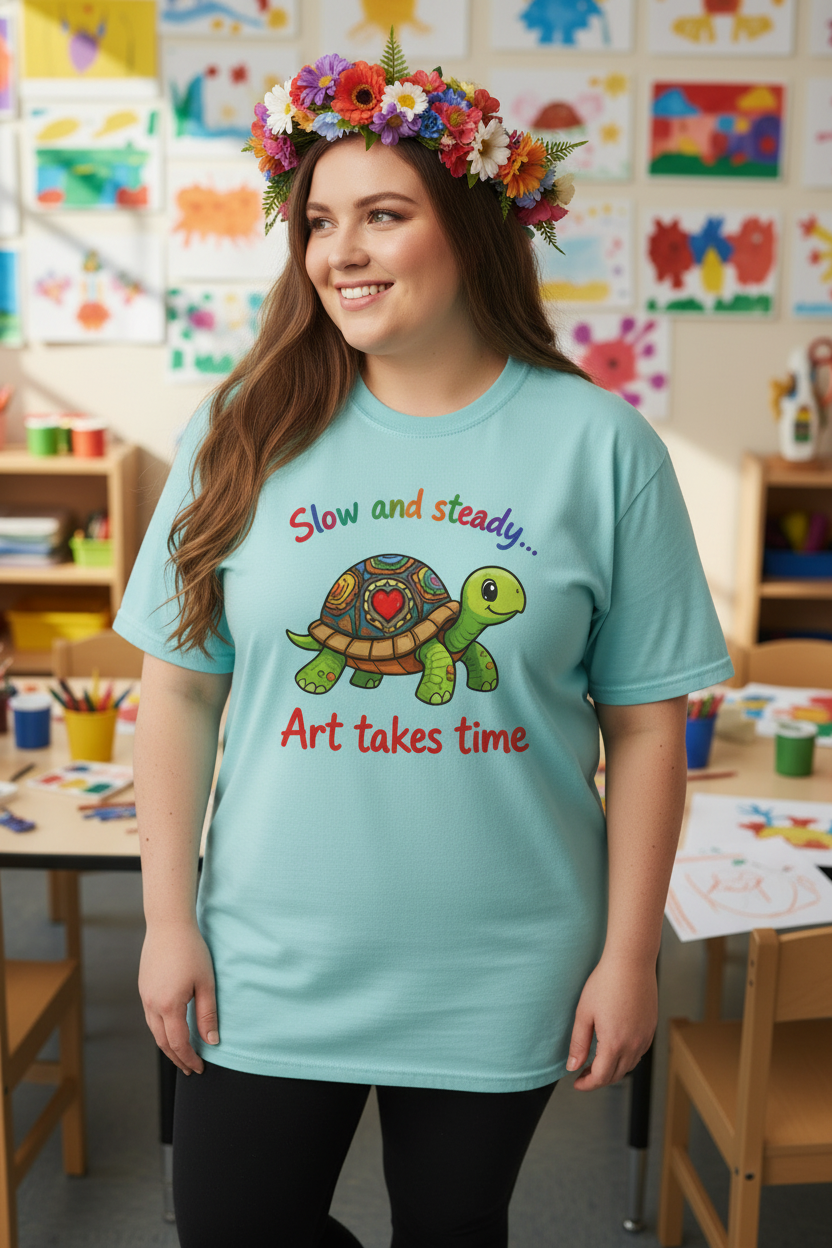 Woman in Lagoon Blue turtle tee with flower crown
