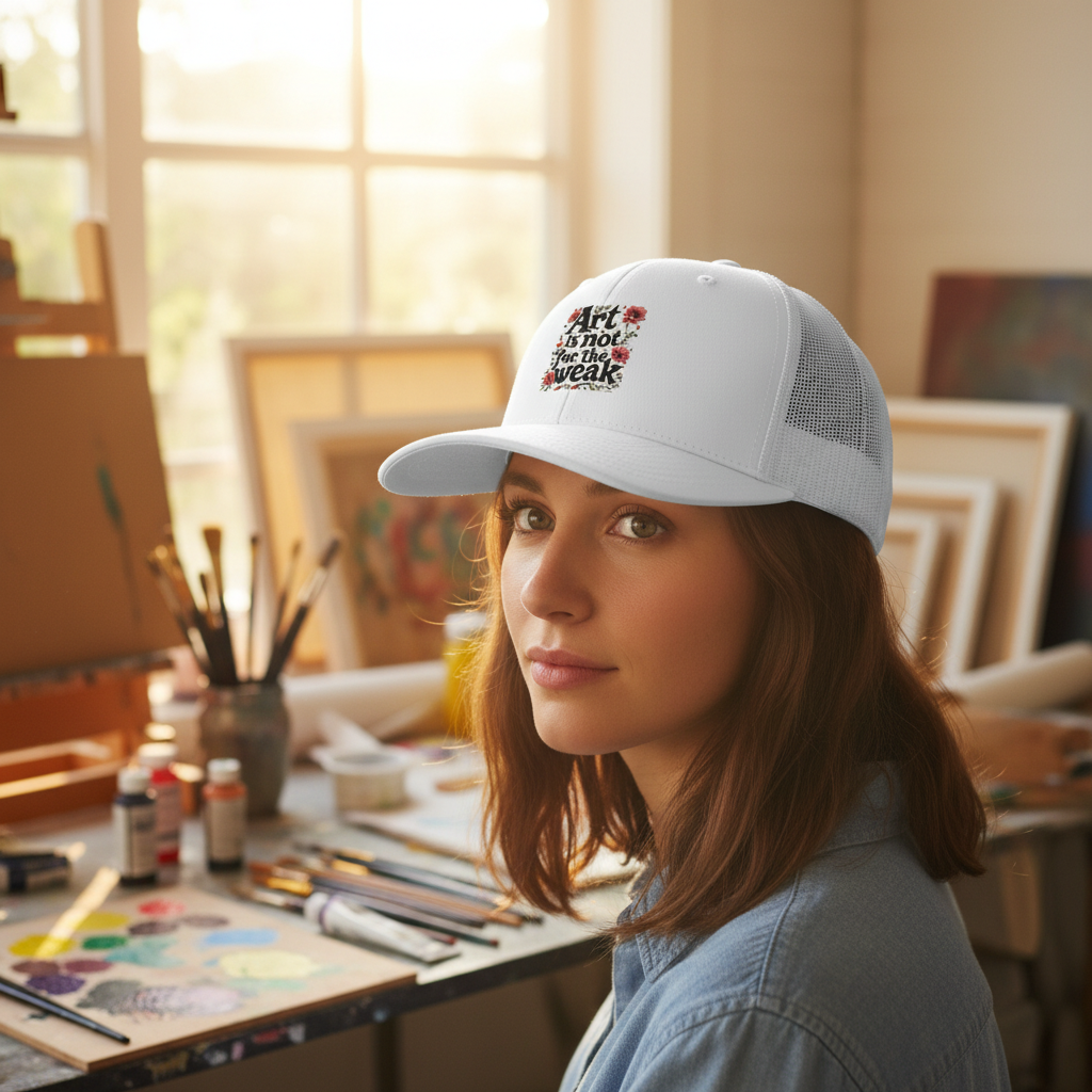 Woman in outdoor art studio wearing White trucker hat