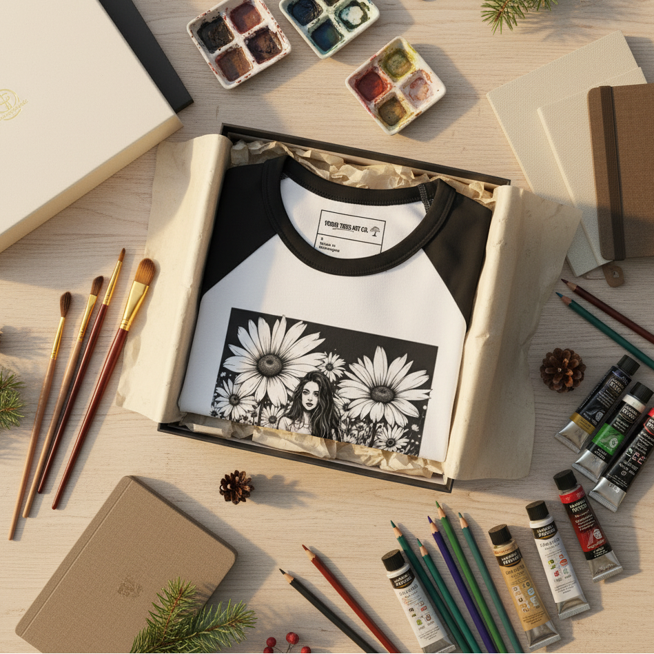 An art retail display with an original tshirt for artists with the words "Artist Soul"