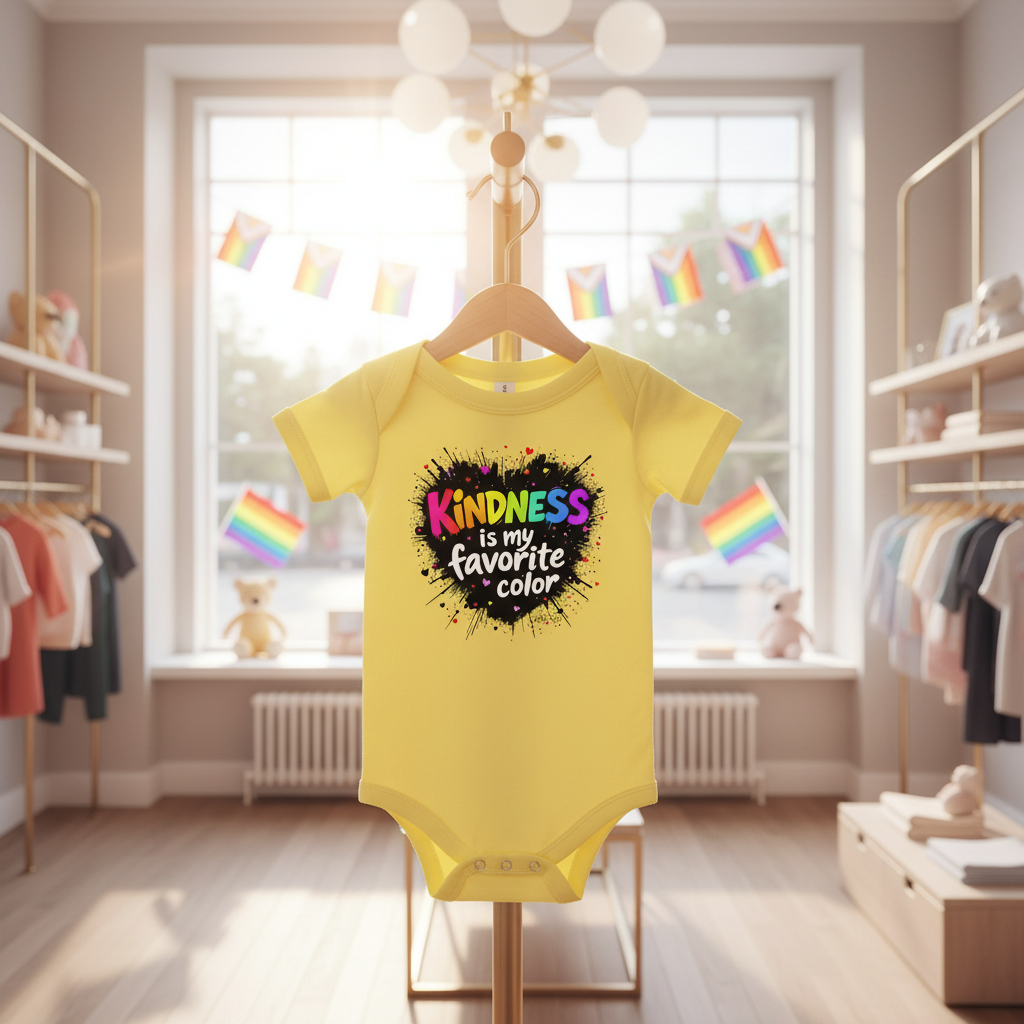 Yellow onesie in boutique with rainbow flags