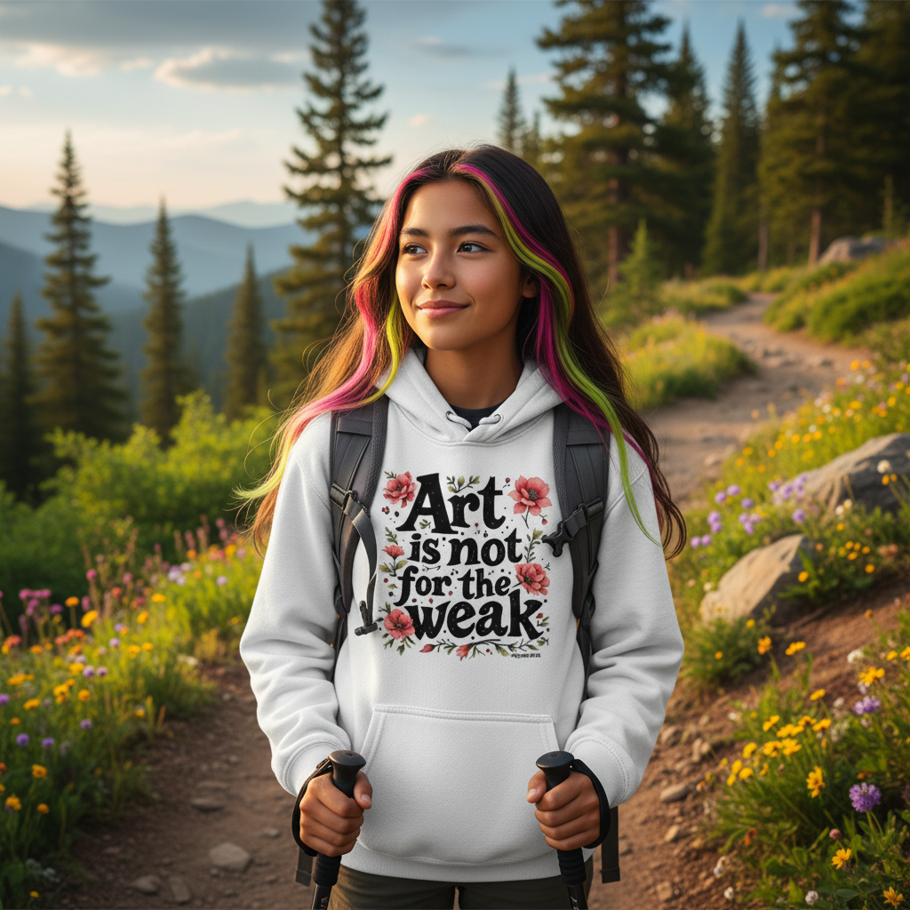 Young artist hiker with colorful hair streaks wearing white Art is Not For The Weak youth hoodie on trail