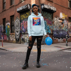 Young Black female punk artist wearing Sky Blue hoodie on street corner