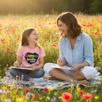 Young girl and mom painting in flower field
