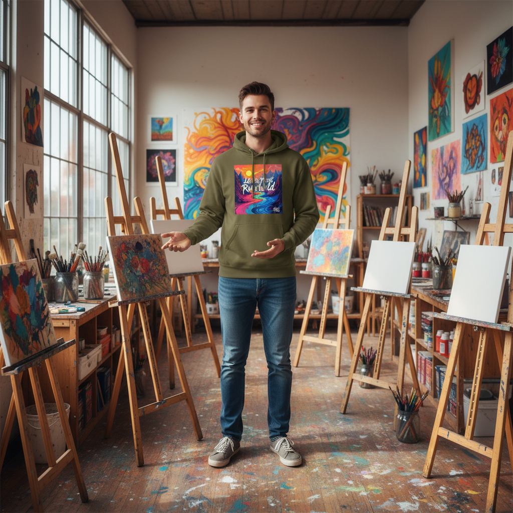 Young male art teacher wearing Military Green hoodie in art studio