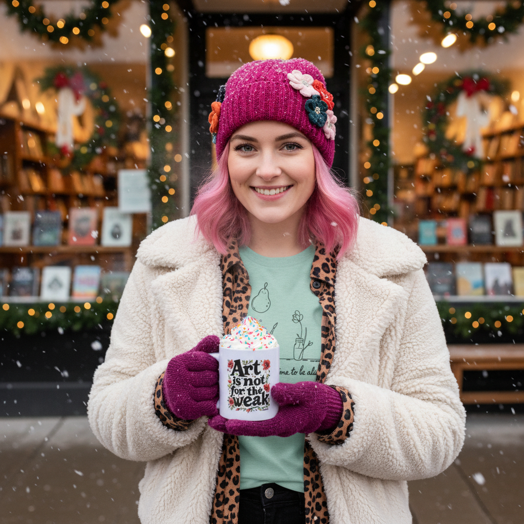 Young white teacher with pink hair wearing Heather Dusty Blue t-shirt and holding Art is Not for the Weak mug in front of bookstore