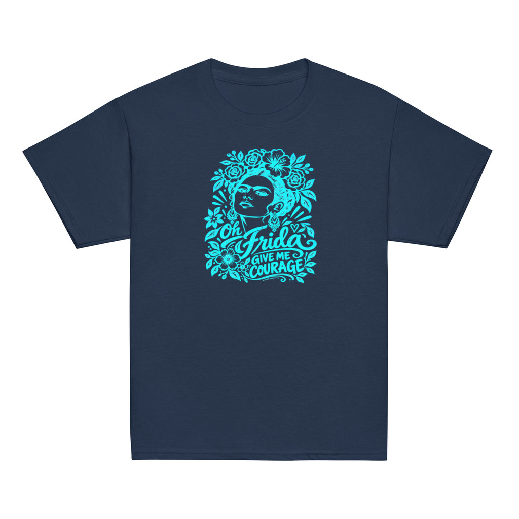 A navy blue short-sleeve crewneck t-shirt featuring a bright turquoise graphic on the chest of Frida Kahlo's face surrounded by flowers and the text 'Oh Frida GIVE ME COURAGE'.