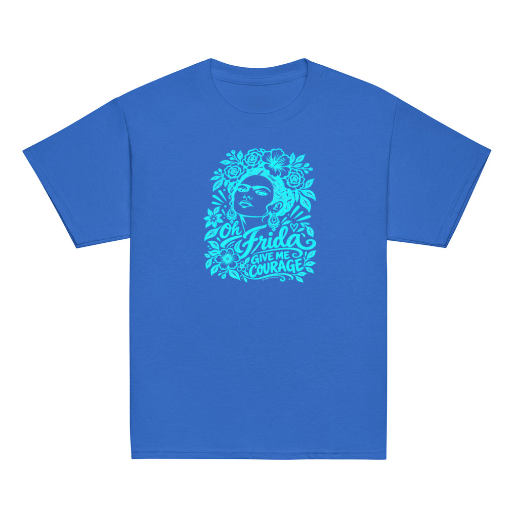 A royal blue short-sleeve crewneck t-shirt featuring a bright cyan graphic on the chest of Frida Kahlo's face surrounded by flowers and the text 'Oh Frida GIVE ME COURAGE'.