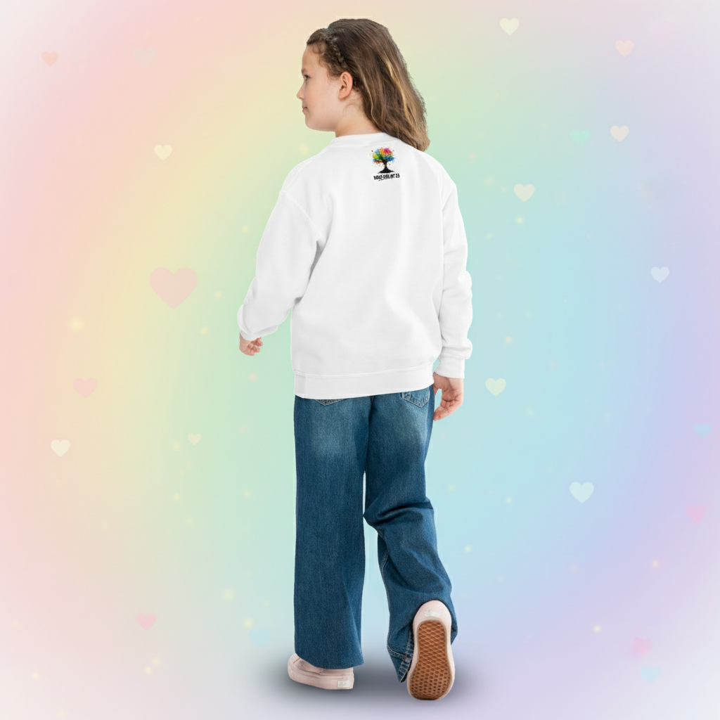 A female teen wearing an art sweatshirt with art shop logo on the back