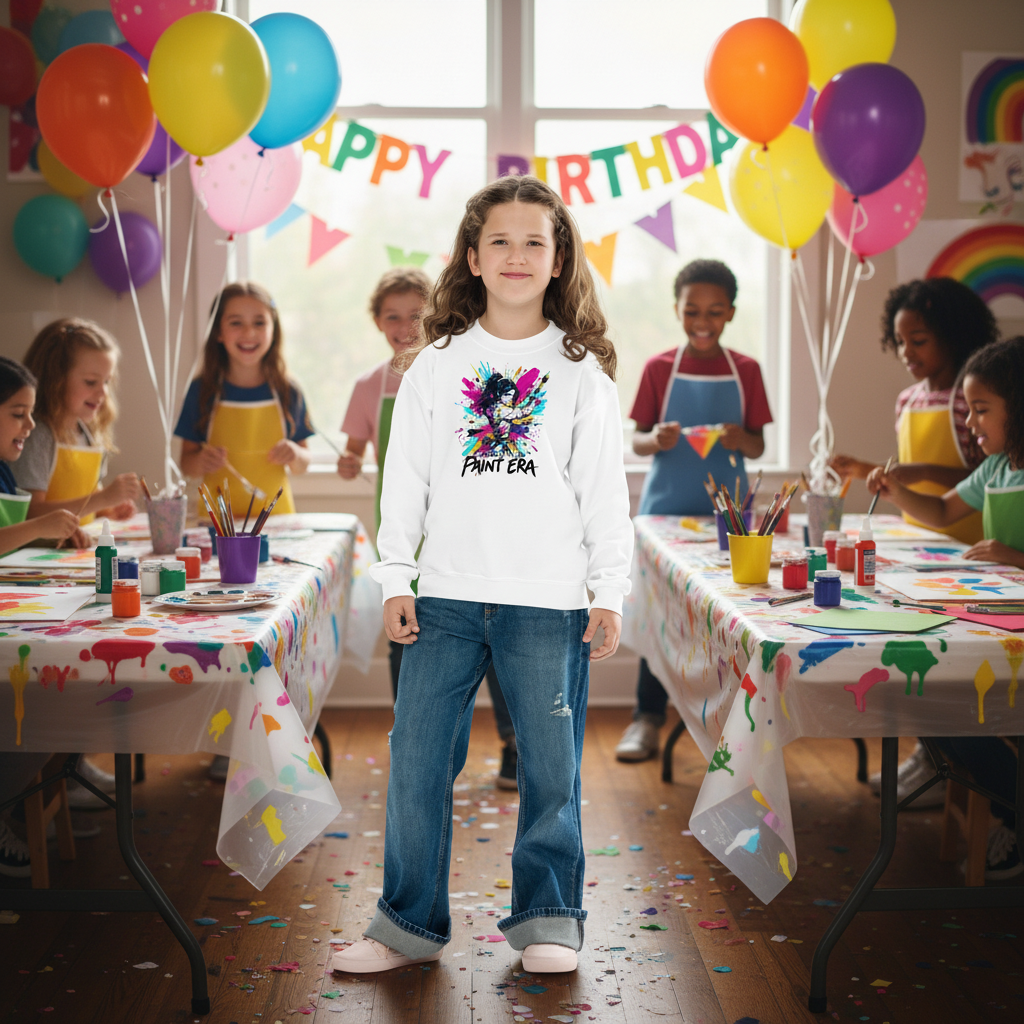 A young girl at a birthday party wearing a fun art tshirt