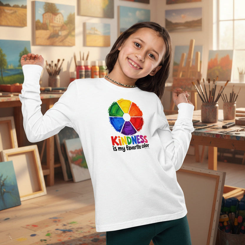 A smiling girl wears a white shirt with a color wheel that says Kindness is my favorite color